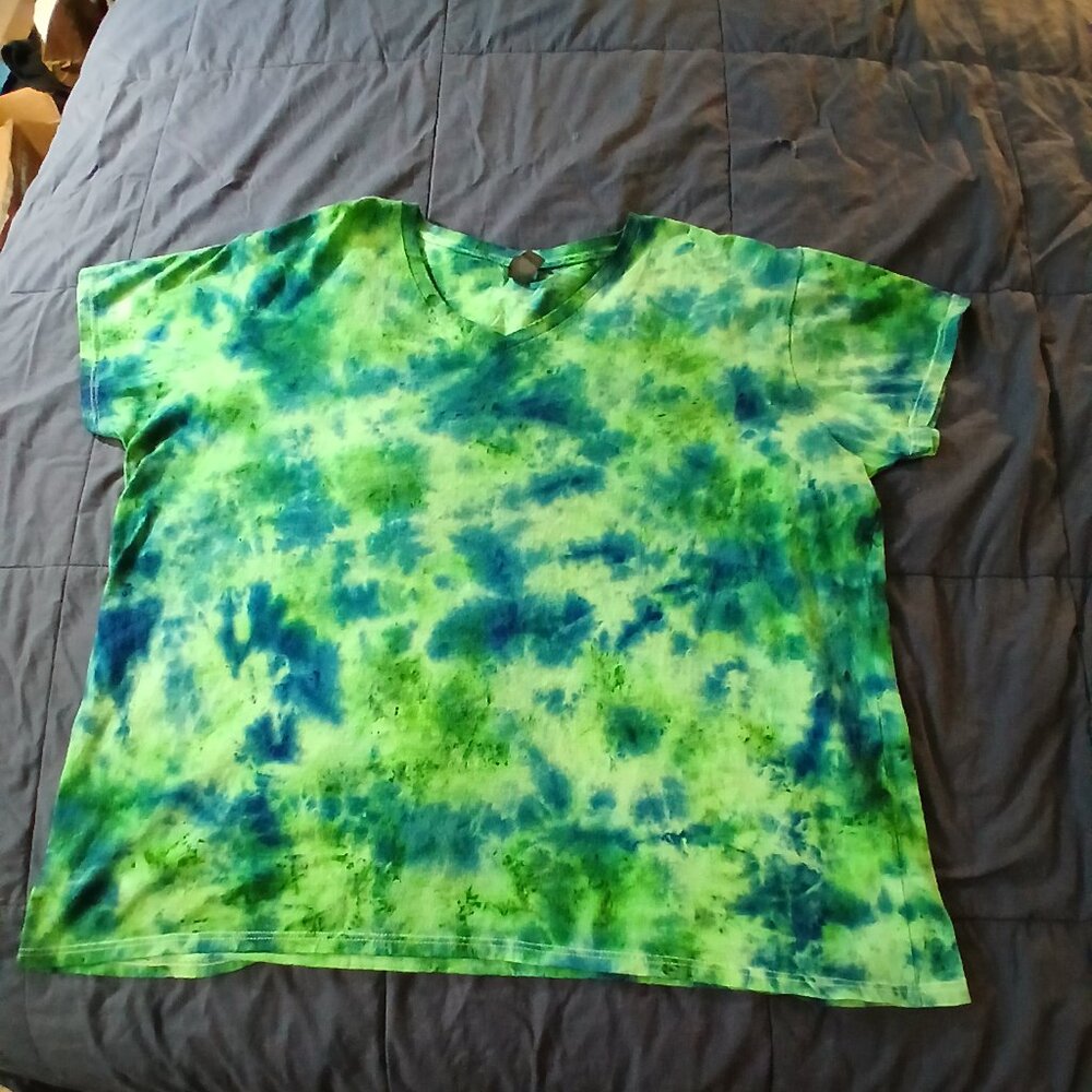 My Wife's T-shirt - Tie Died Green & Blue 100% cotton V-neck T-shirt